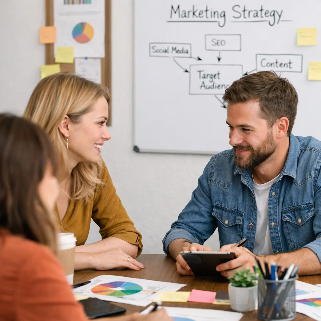 Equipo trabajando en estrategia digital