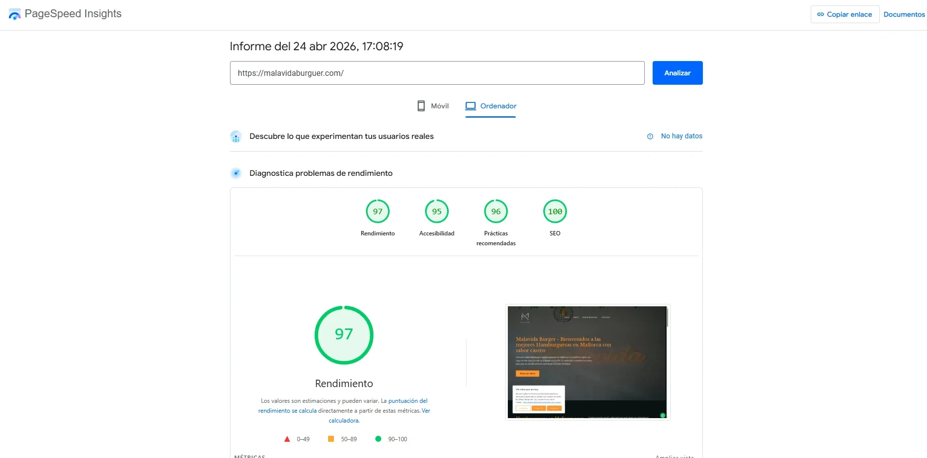 Análisis PageSpeed Insights con alto rendimiento