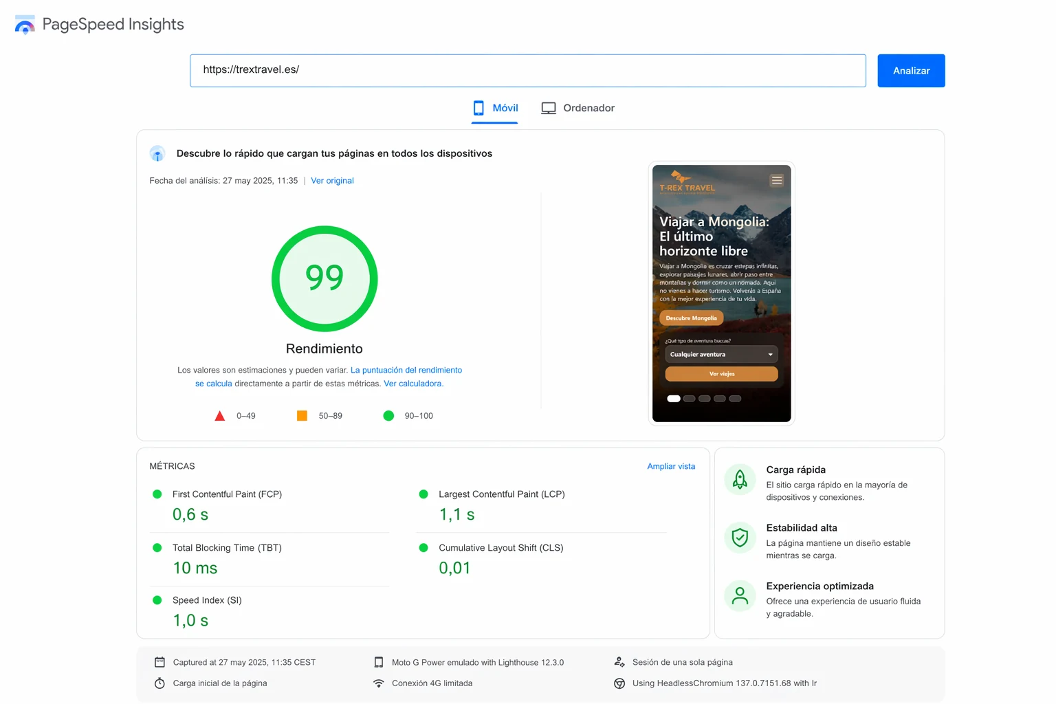 Análisis PageSpeed con rendimiento alto en T-Rex Travel